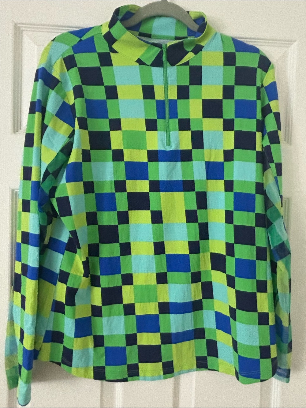 IBKUL Green & Blue Checker Quarter-Zip Long Sleeve Shirt